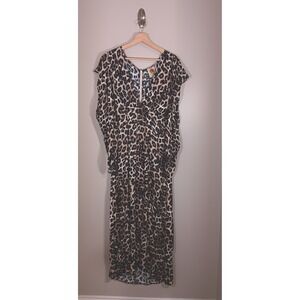 FARM Rio Women's Midi Mob Wife Leopard Animal Print Dress V Neck Size L New